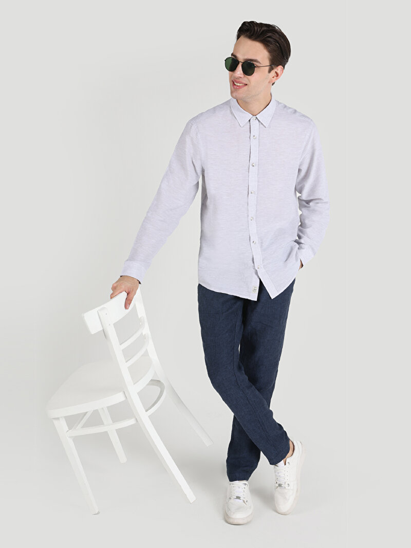 Comfort Fit Shirt Neck Düz Erkek Gri Düğmeli Uzun Kol Gömlek