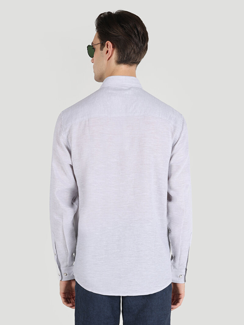 Comfort Fit Shirt Neck Düz Erkek Gri Düğmeli Uzun Kol Gömlek