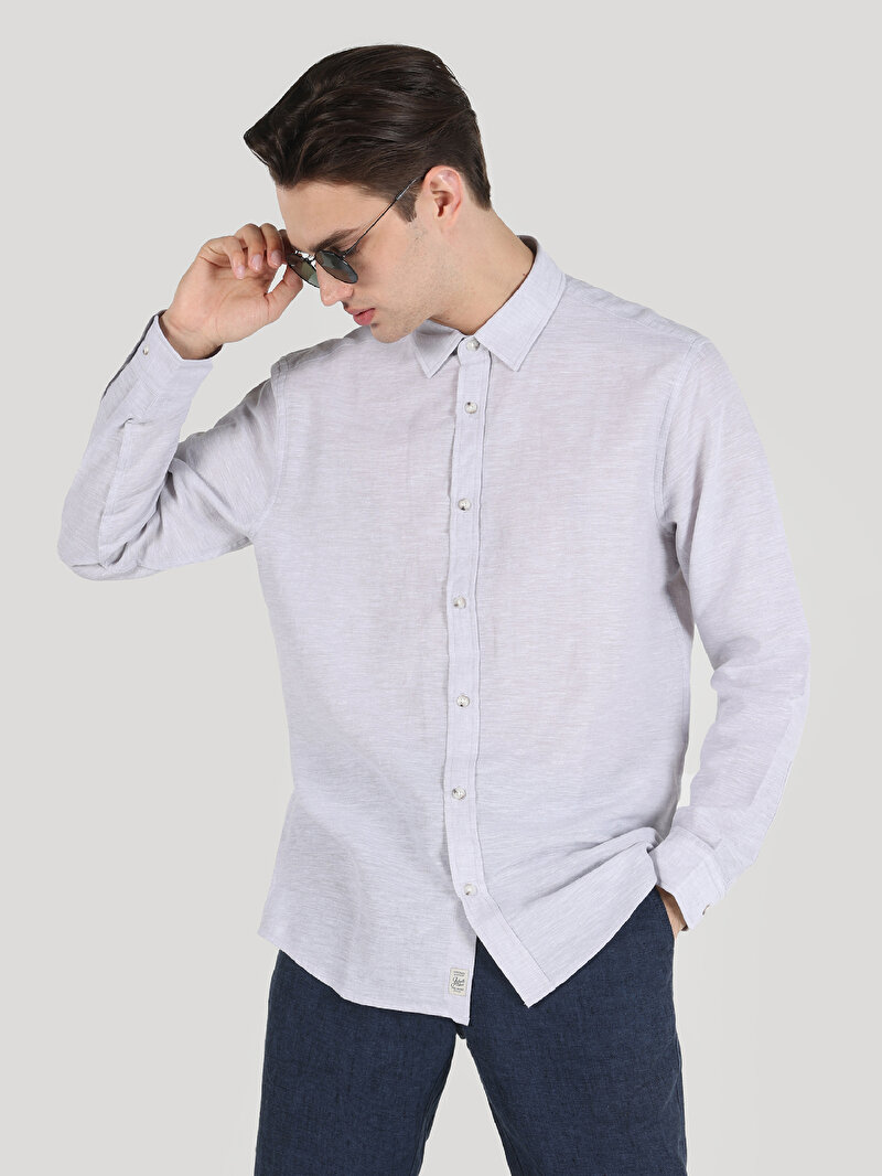 Comfort Fit Shirt Neck Düz Erkek Gri Düğmeli Uzun Kol Gömlek
