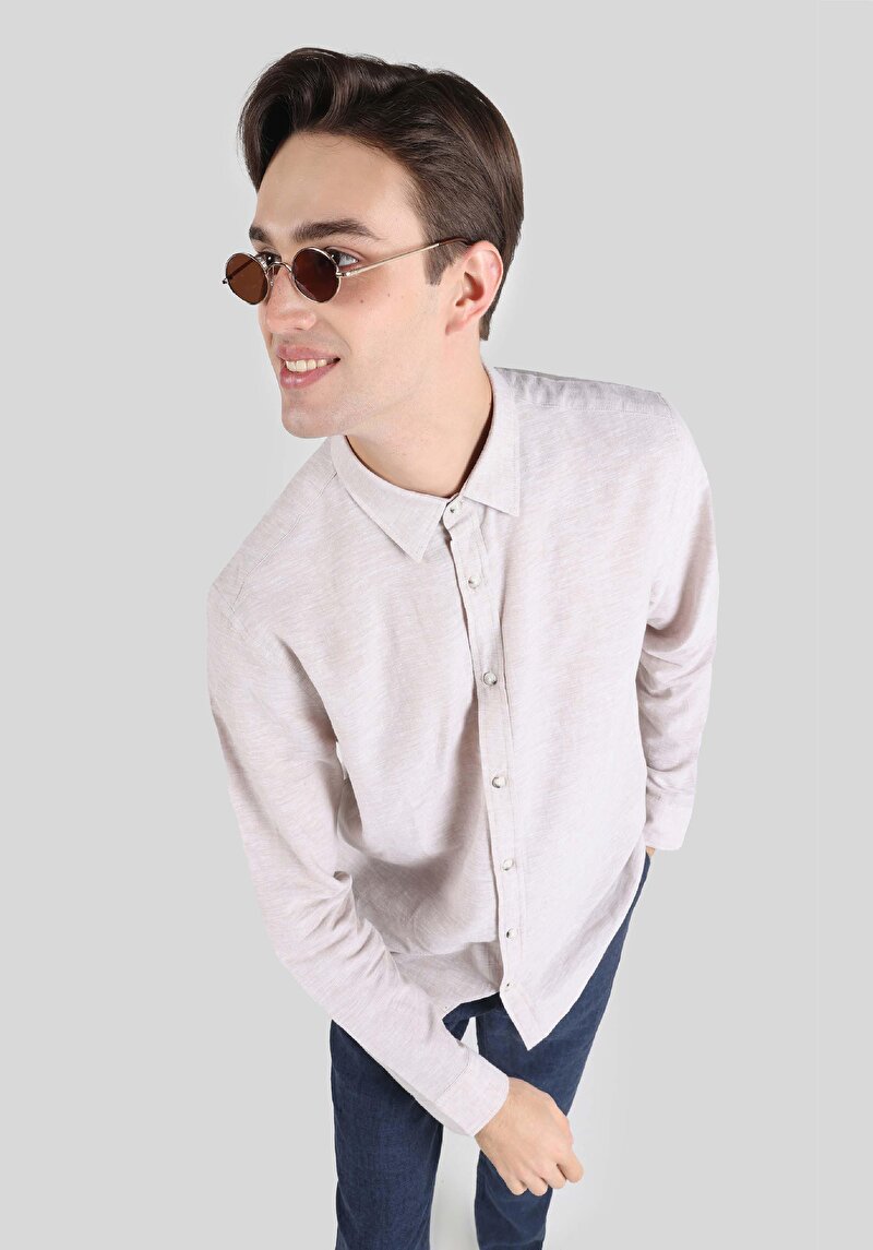 Comfort Fit Shirt Neck Düz Erkek Bej Cepsiz Uzun Kol Gömlek
