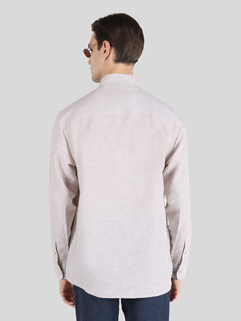 Comfort Fit Shirt Neck Düz Erkek Bej Cepsiz Uzun Kol Gömlek
