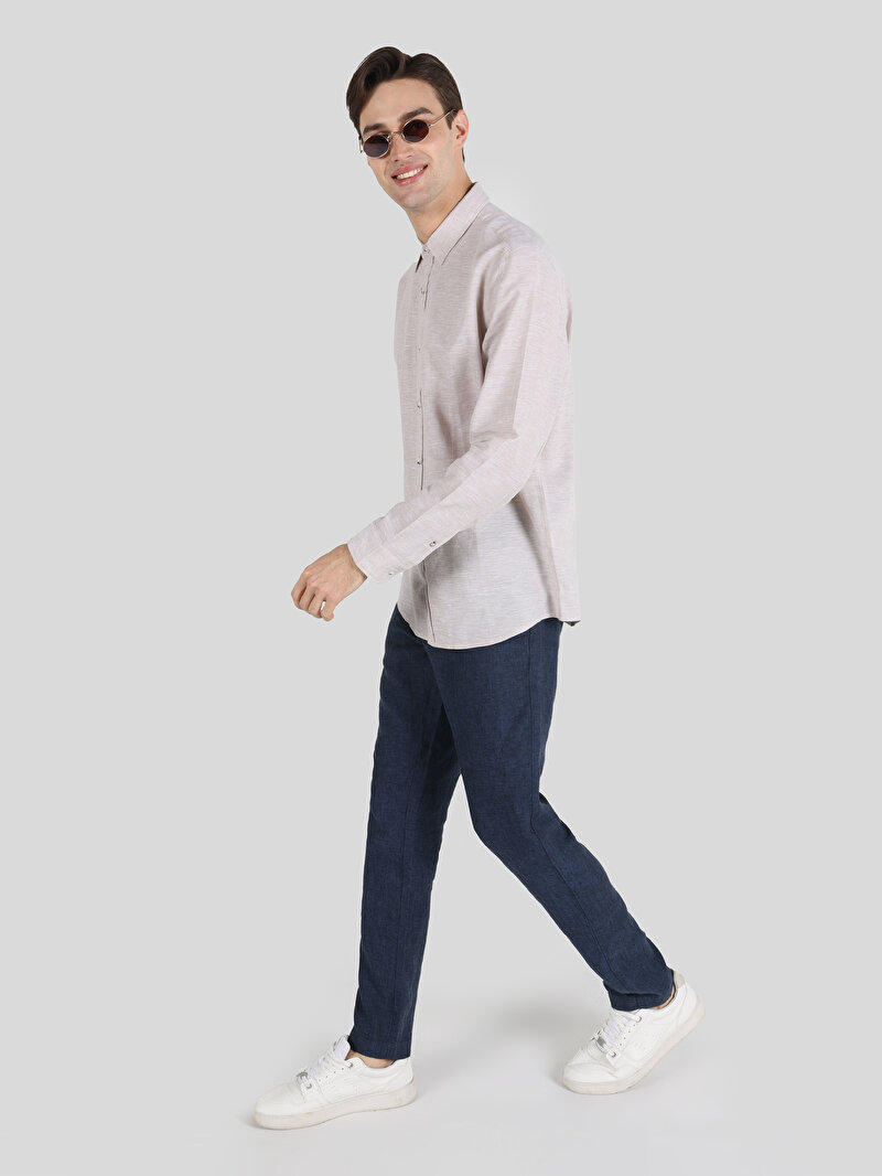 Comfort Fit Shirt Neck Düz Erkek Bej Cepsiz Uzun Kol Gömlek