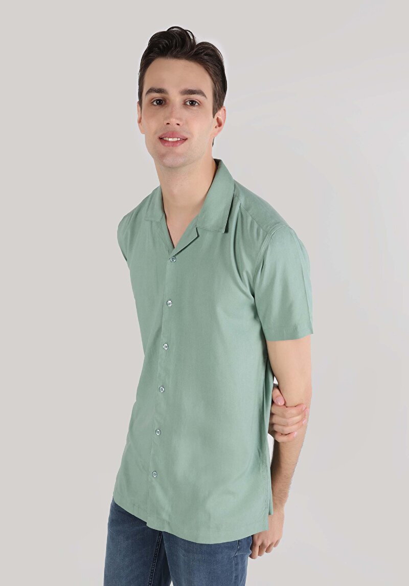 Regular Fit Shirt Neck Düz Erkek Yeşil Kısa Kol Gömlek