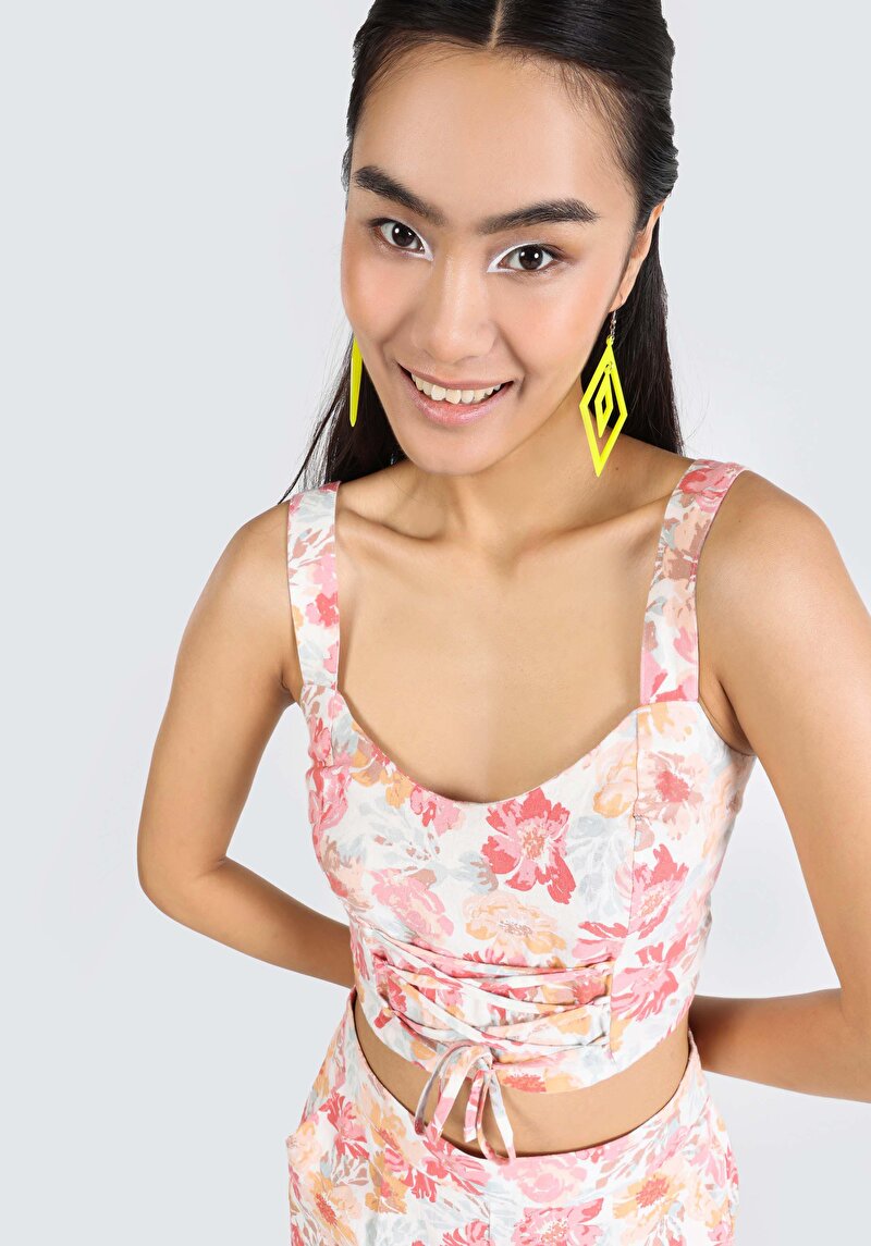 Slim Fit V Yaka Çiçekli Kadın Çok Renkli Kolsuz Gömlek