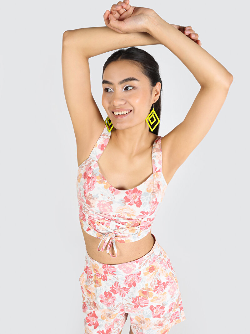 Slim Fit V Yaka Çiçekli Kadın Çok Renkli Kolsuz Gömlek