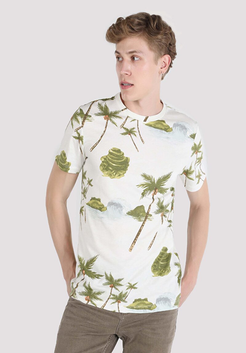 Regular Fit Yuvarlak Yaka Baskılı Erkek Ekru Kısa Kol Tişört