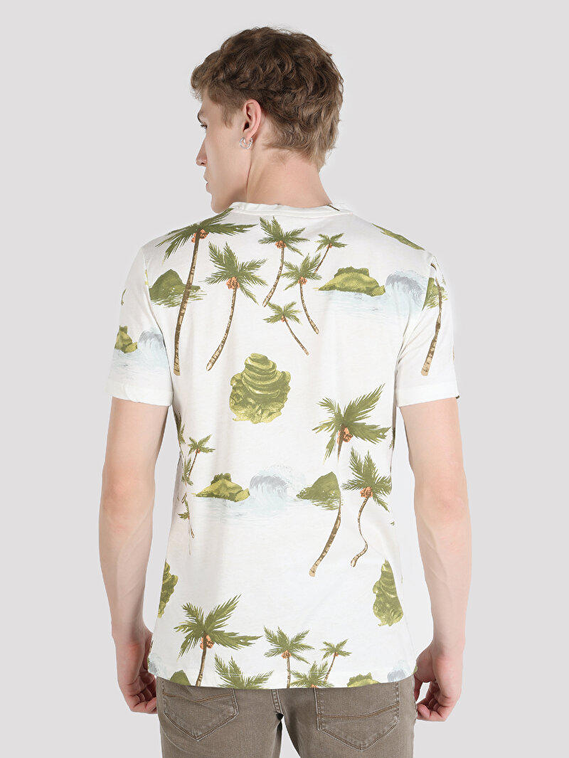 Regular Fit Yuvarlak Yaka Baskılı Erkek Ekru Kısa Kol Tişört