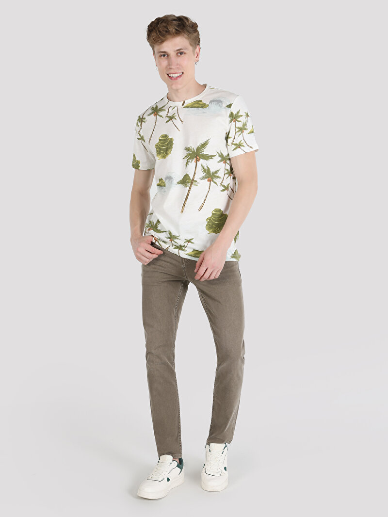 Regular Fit Yuvarlak Yaka Baskılı Erkek Ekru Kısa Kol Tişört