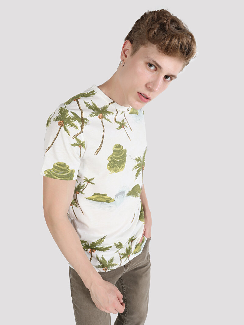 Regular Fit Yuvarlak Yaka Baskılı Erkek Ekru Kısa Kol Tişört