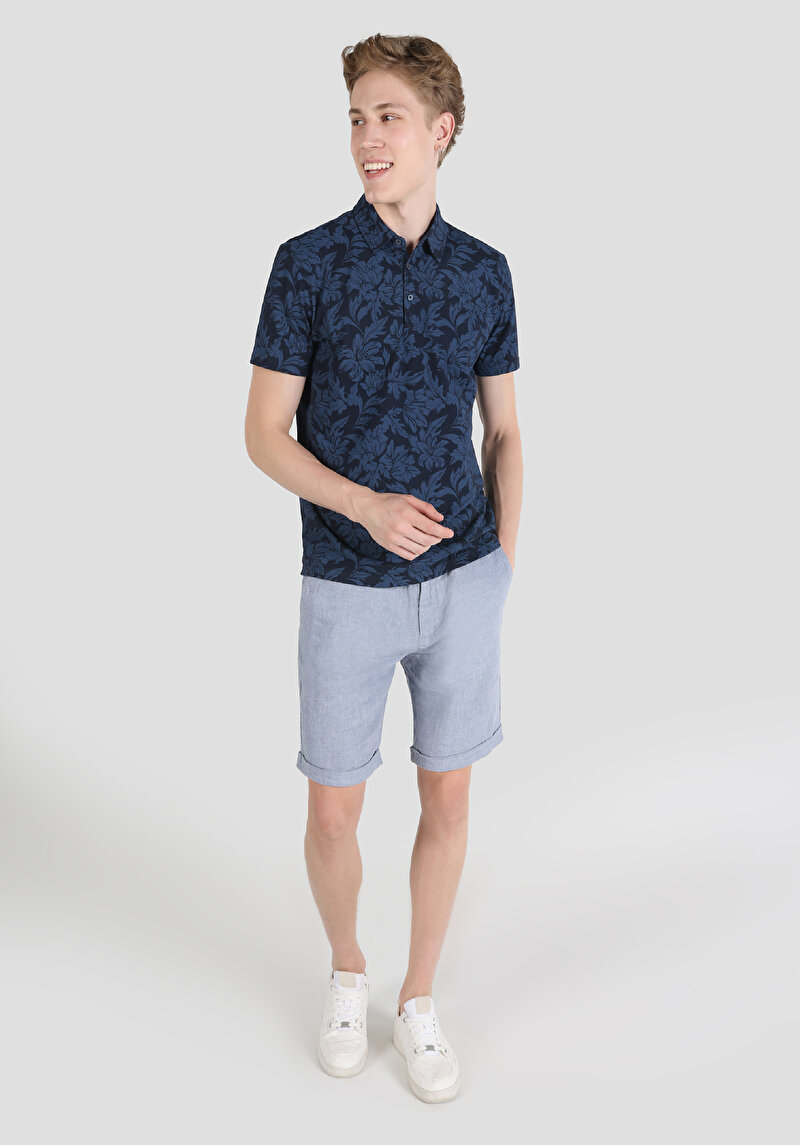 Regular Fit Polo Yaka Baskılı Örme Cepsiz Erkek Lacivert Kısa Kol Tişört