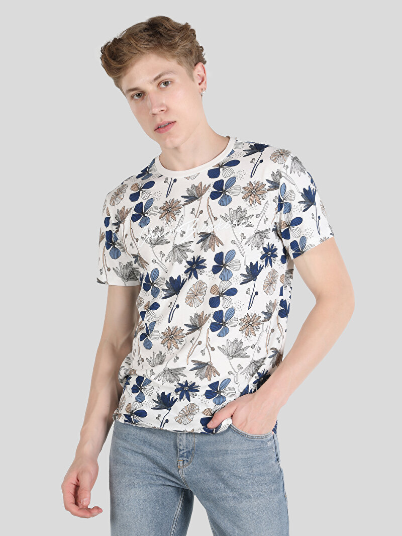 Regular Fit Örme Yuvarlak Yaka Baskılı Erkek Beyaz Kısa Kol Tişört