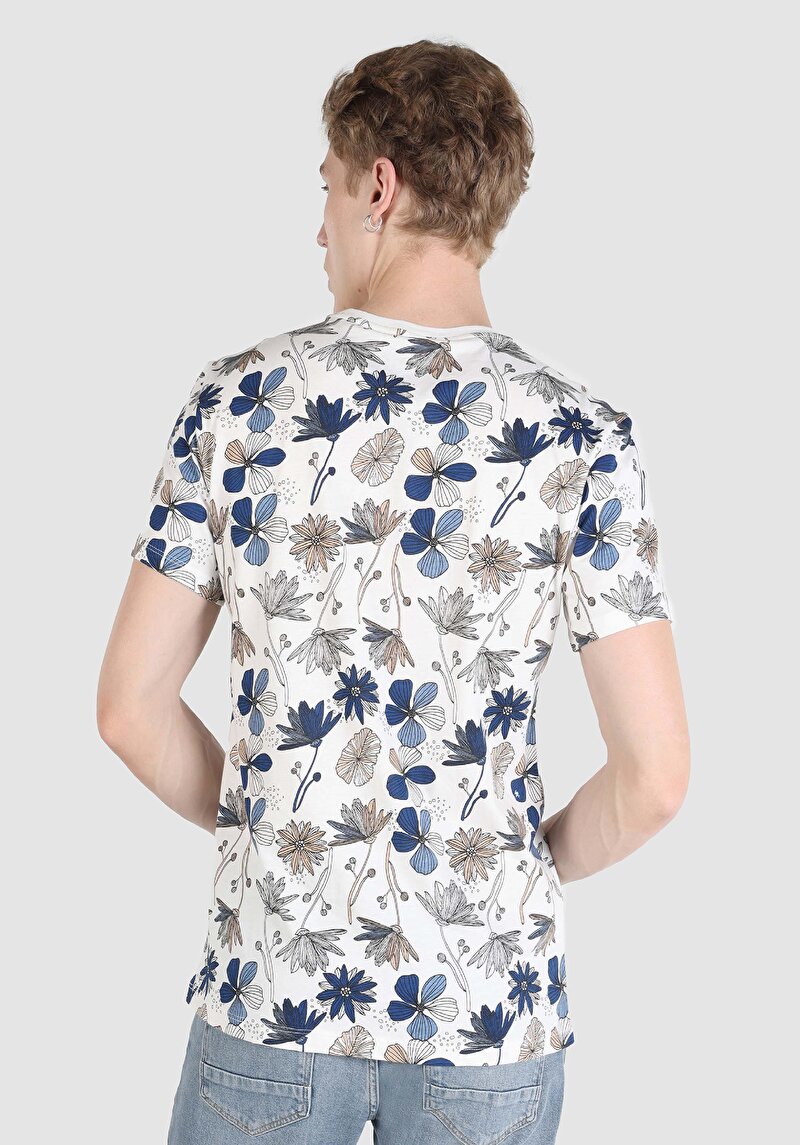 Regular Fit Örme Yuvarlak Yaka Baskılı Erkek Beyaz Kısa Kol Tişört