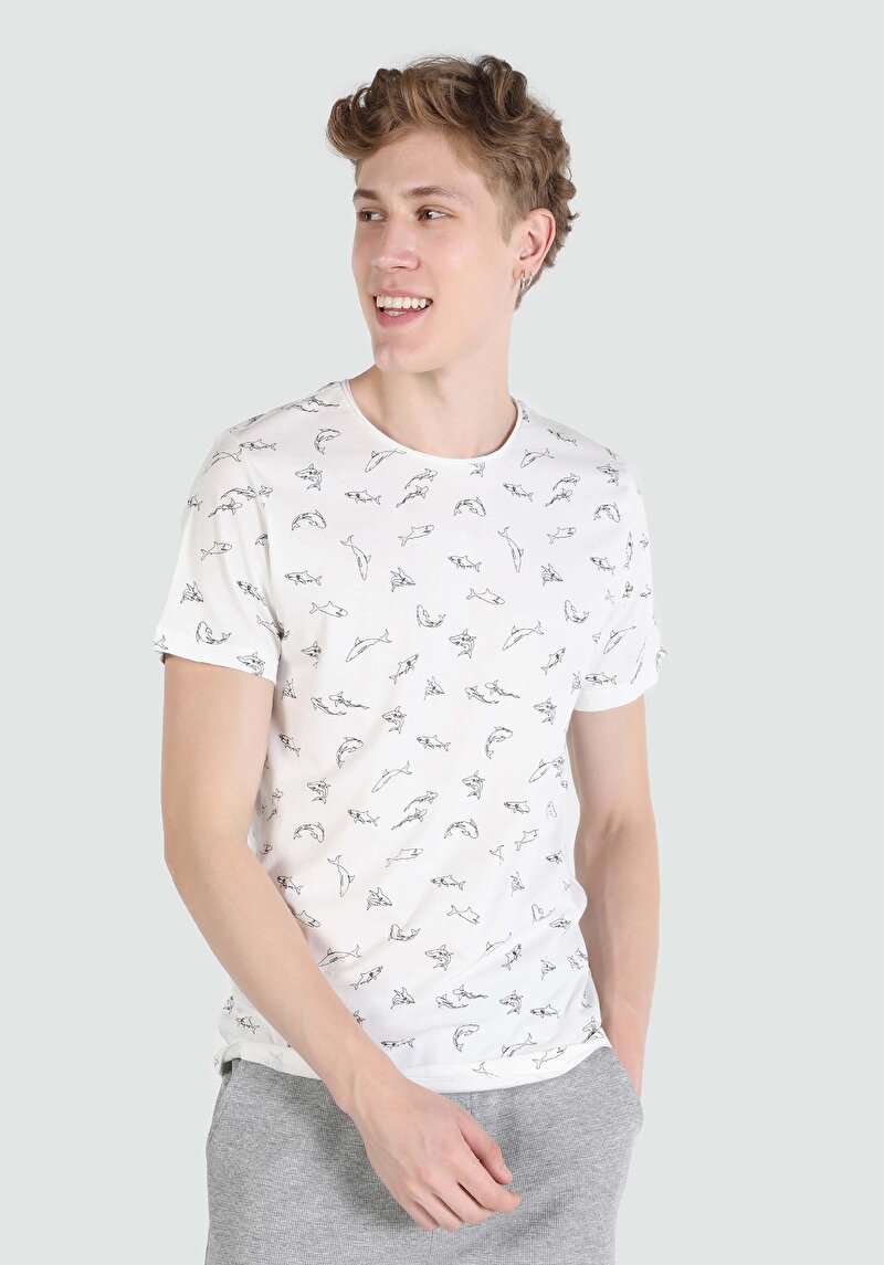 Regular Fit Yuvarlak Yaka Baskılı Erkek Beyaz Kısa Kol Tişört