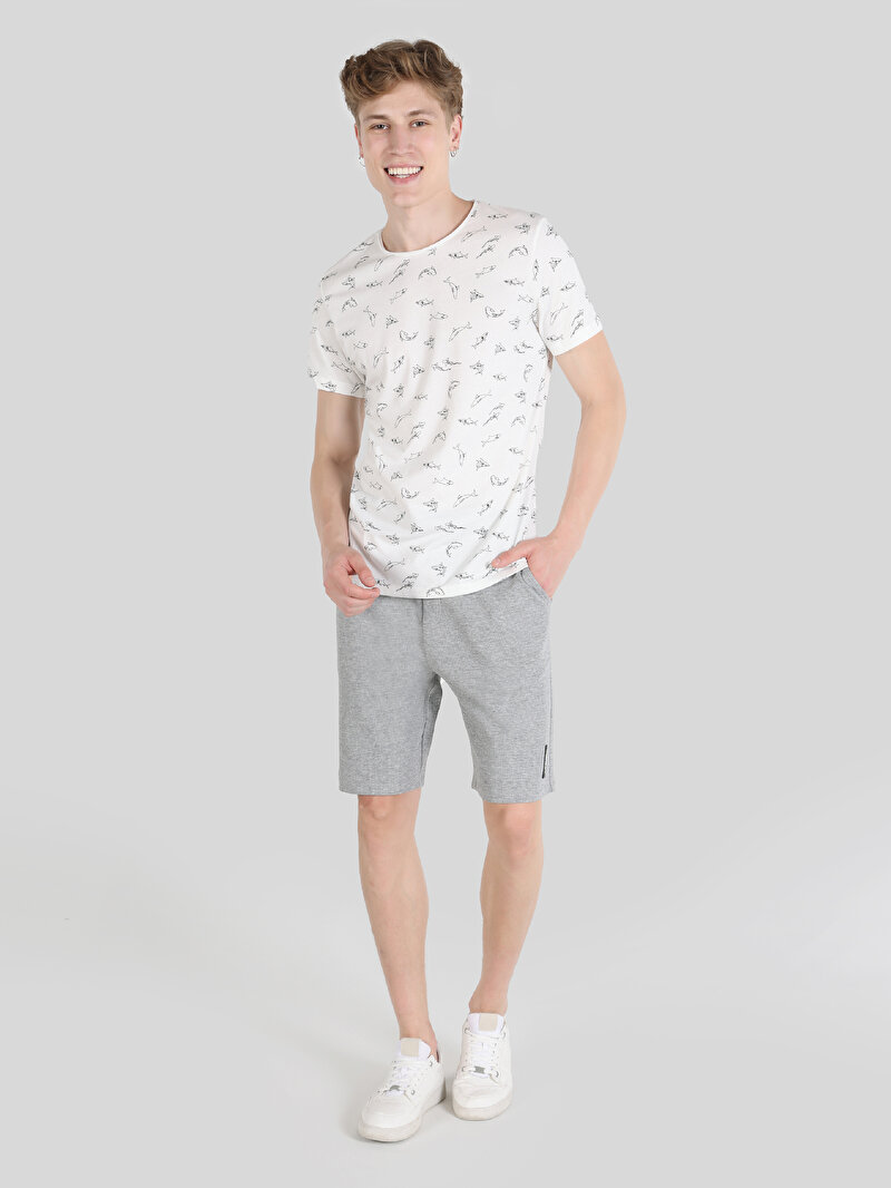 Regular Fit Yuvarlak Yaka Baskılı Erkek Beyaz Kısa Kol Tişört