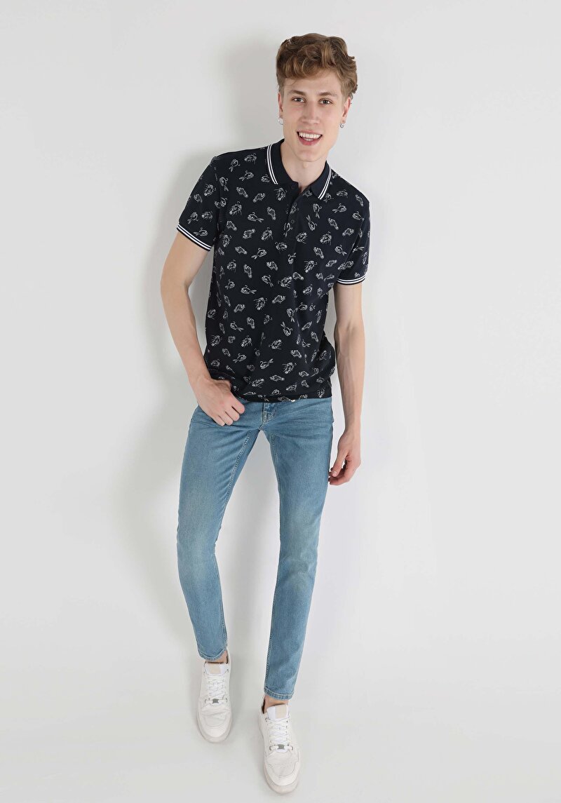 Regular Fit Polo Yaka Desenli Baskılı Erkek Lacivert Kısa Kol Tişört