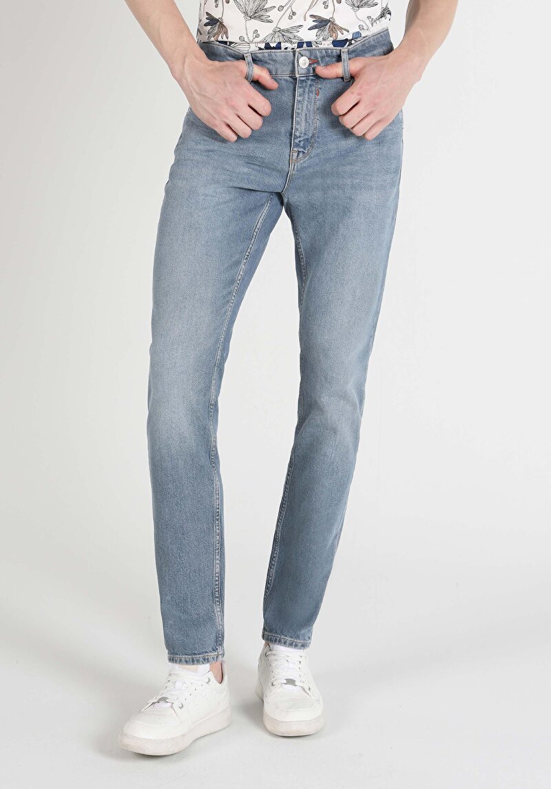 Slim Fit Düşük Bel Dar Paça Erkek İndigo Jean Pantolon