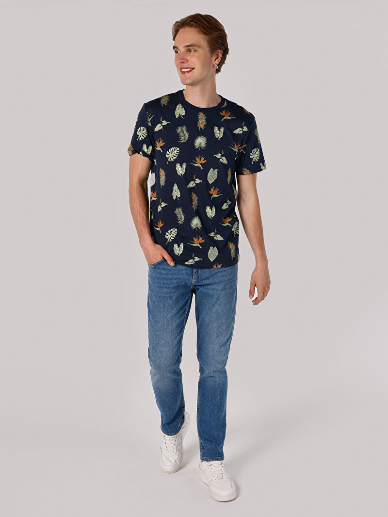 Regular Fit Yuvarlak Yaka Baskılı Erkek Lacivert Kısa Kol Tişört