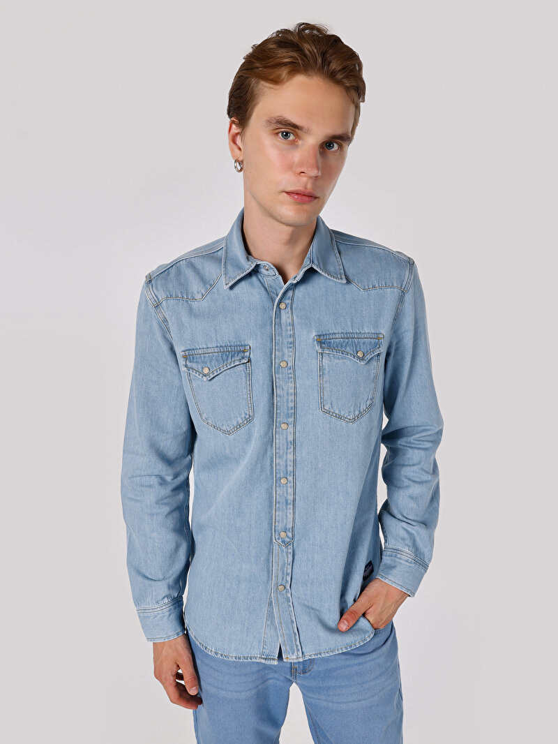 Slim Fit Denim Açık Mavi Erkek Uzun Kol Gömlek - Tüm ürünler | Colin's