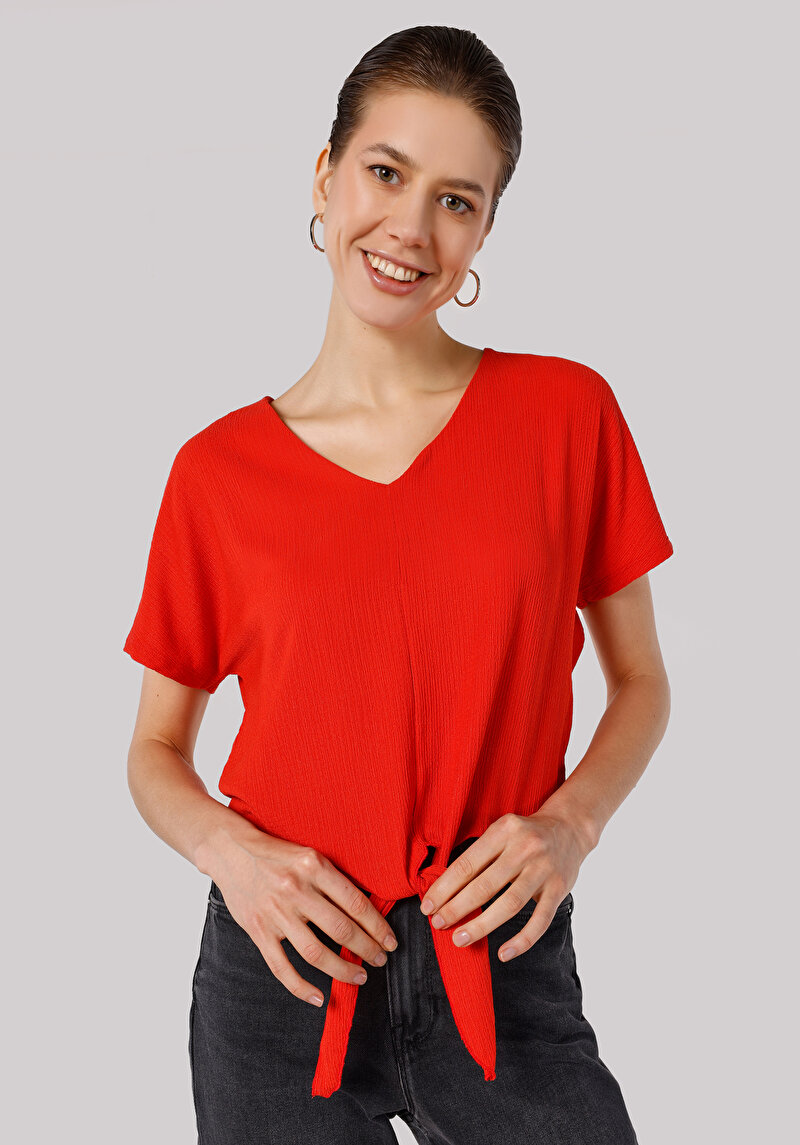 Regular Fit V Yaka Düz Kadın Kirmizi Kısa Kol Tişört