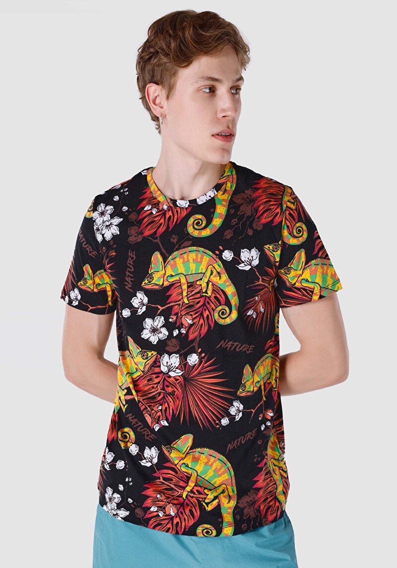 Regular Fit Örme Yuvarlak Yaka Baskılı Cepsiz Erkek Çok Renkli Kısa Kol Tişört