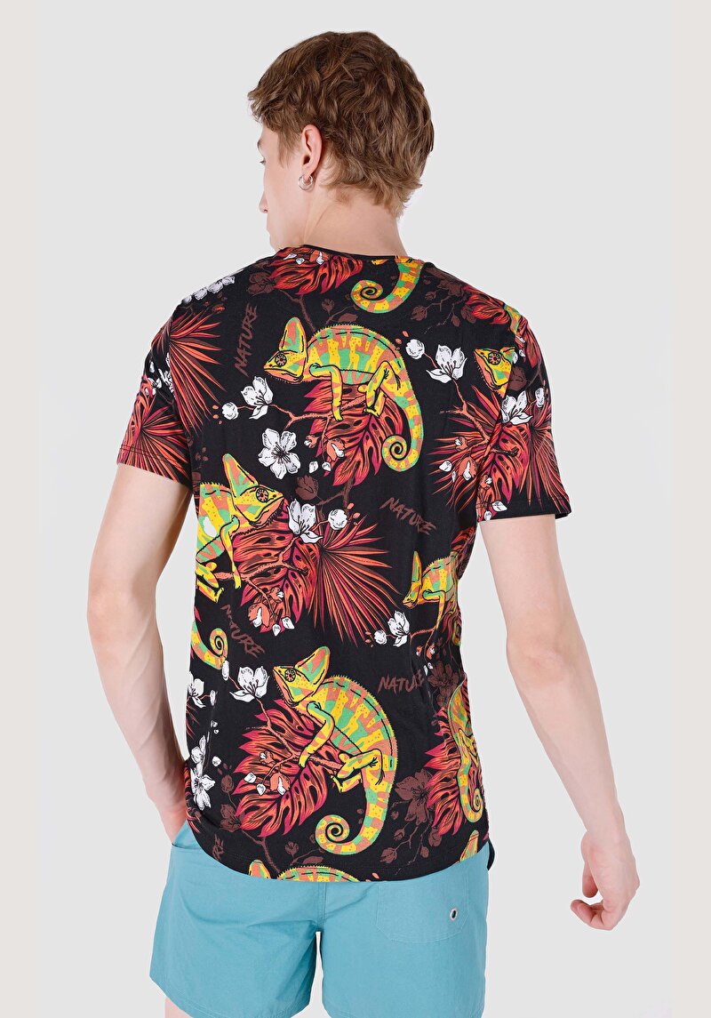 Regular Fit Örme Yuvarlak Yaka Baskılı Cepsiz Erkek Çok Renkli Kısa Kol Tişört