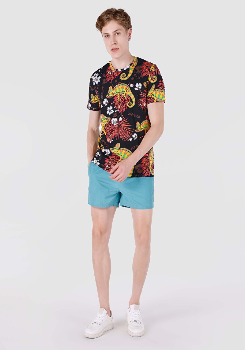 Regular Fit Örme Yuvarlak Yaka Baskılı Cepsiz Erkek Çok Renkli Kısa Kol Tişört