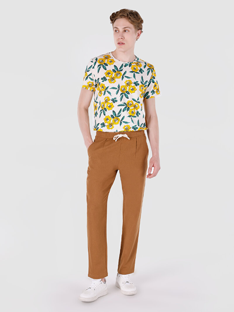 Regular Fit Orta Bel Düz Paça Erkek Kahverengi Pantolon