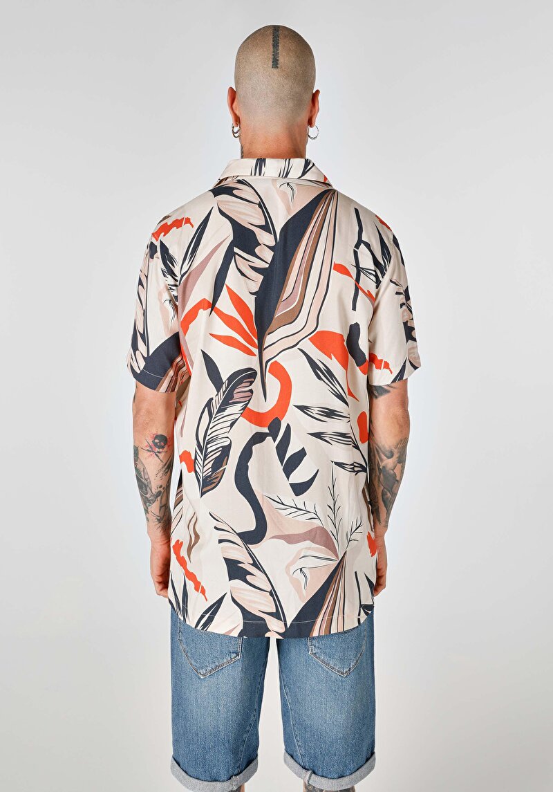 Regular Fit Shirt Neck Baskılı Erkek Bej Cepsiz Kısa Kol Gömlek