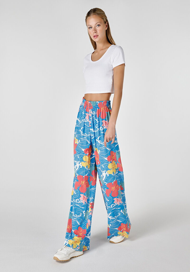 Regular Fit Yüksek Bel Geniş Paça Kadın Çok Renkli Pantolon