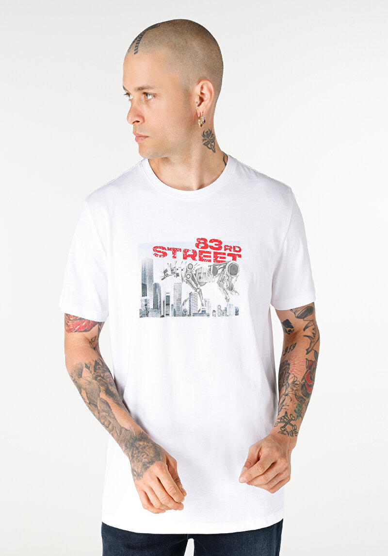 Regular Fit Yuvarlak Yaka Erkek Beyaz Kısa Kol Tişört