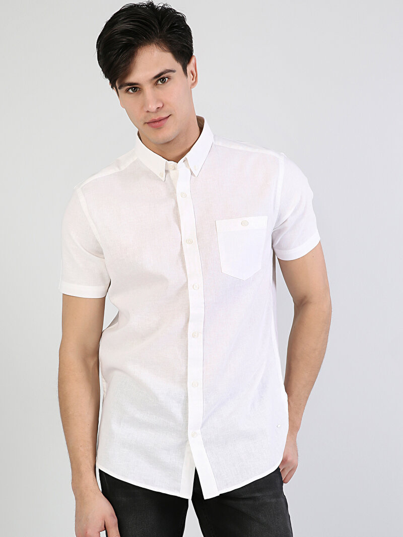 Regular Fit Shirt Neck Erkek Beyaz Kısa Kol Gömlek
