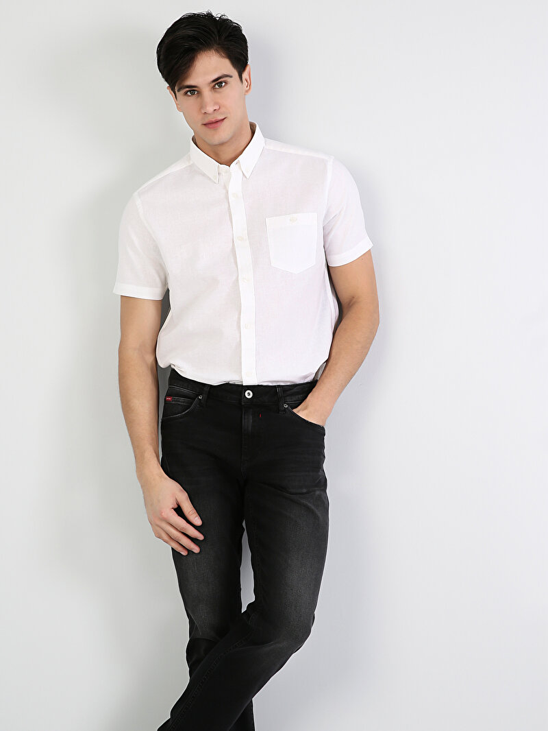 Regular Fit Shirt Neck Erkek Beyaz Kısa Kol Gömlek