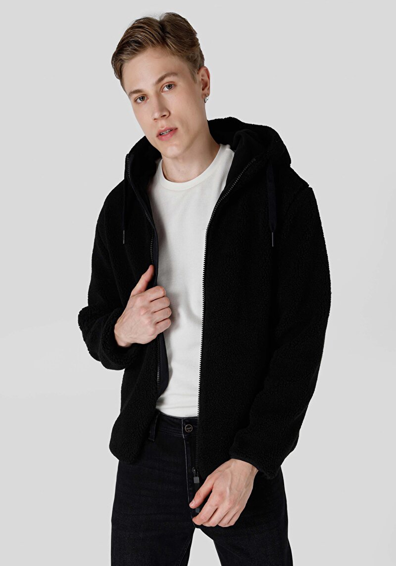 Regular Fit Kapüşonlu Erkek Siyah Mont