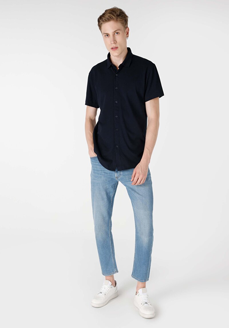 Comfort Fit Polo Yaka Düz Erkek Lacivert Düğmeli Kısa Kol Tişört