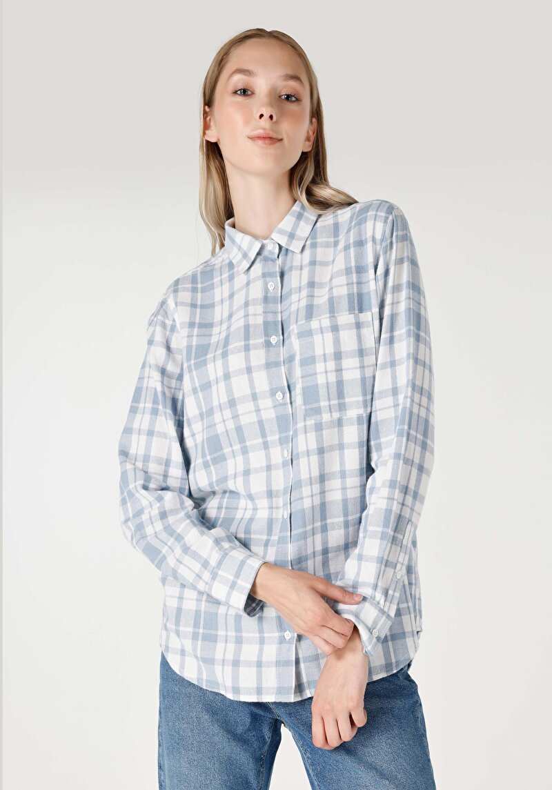 Regular Fit Shirt Neck Ekoseli Kadın Mavi Uzun Kol Gömlek