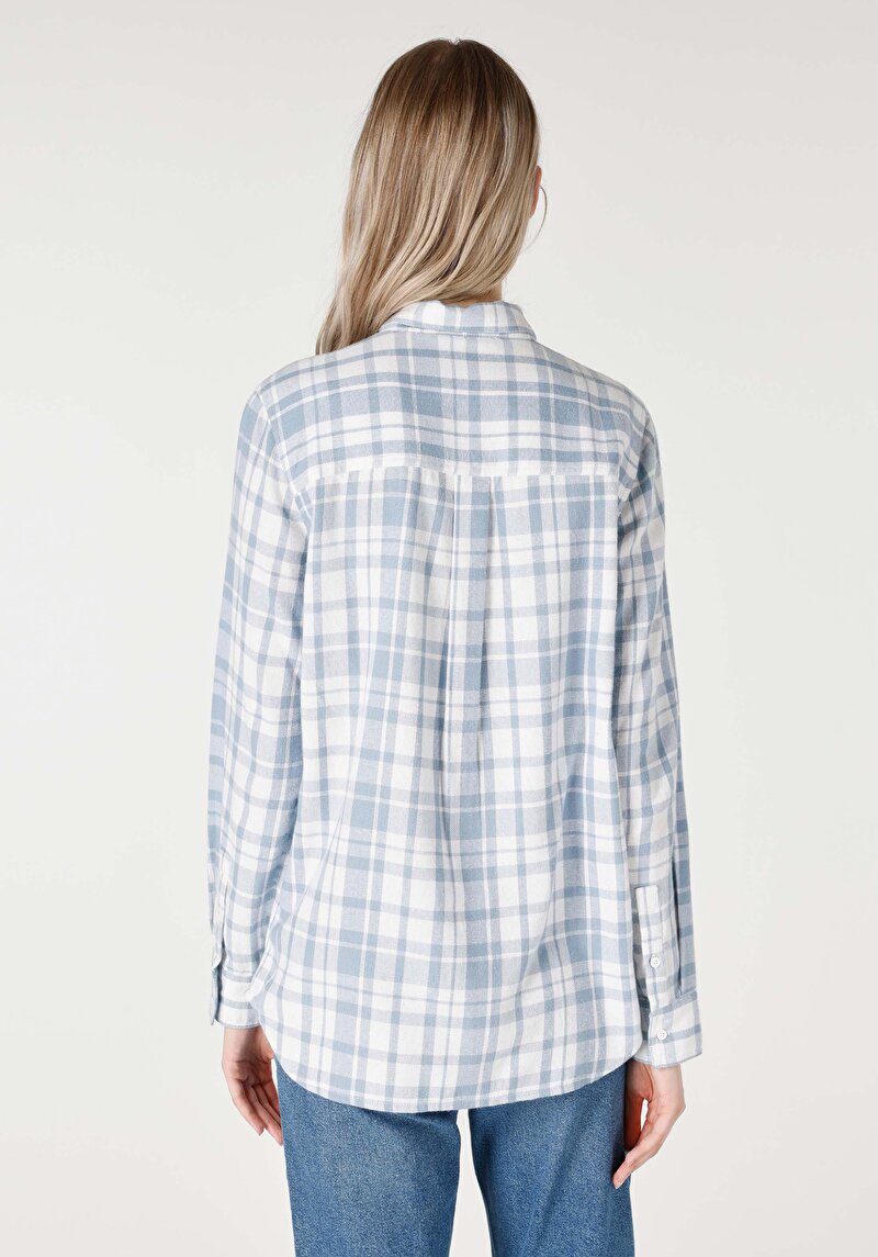 Regular Fit Shirt Neck Ekoseli Kadın Mavi Uzun Kol Gömlek