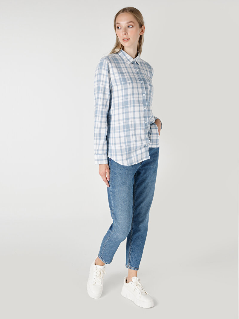 Regular Fit Shirt Neck Ekoseli Kadın Mavi Uzun Kol Gömlek