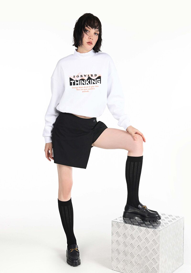 Mini Skirt Düz Fermuarlı Kadın Siyah Düğme Detaylı Etek