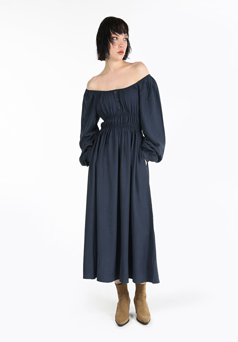 Regular Fit Dokuma Kadın Lacivert Elbise