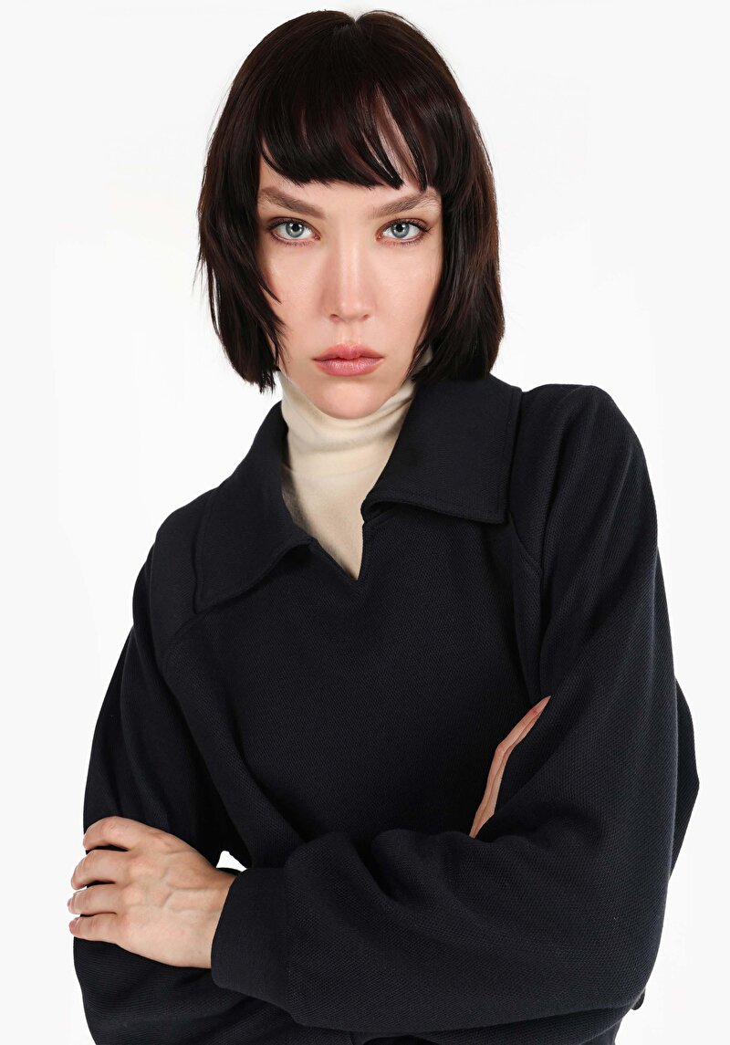 Regular Fit Polo Yaka Düz Kadın Lacivert Uzun Kol Tişört