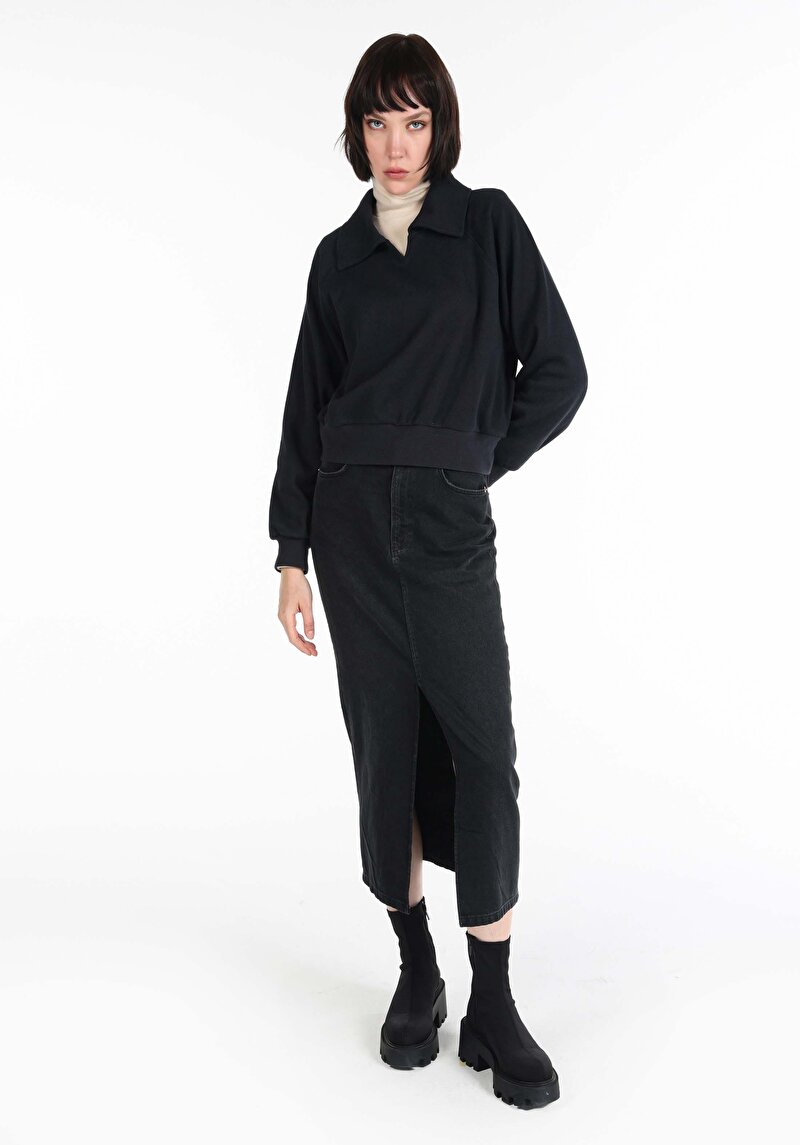 Regular Fit Polo Yaka Düz Kadın Lacivert Uzun Kol Tişört