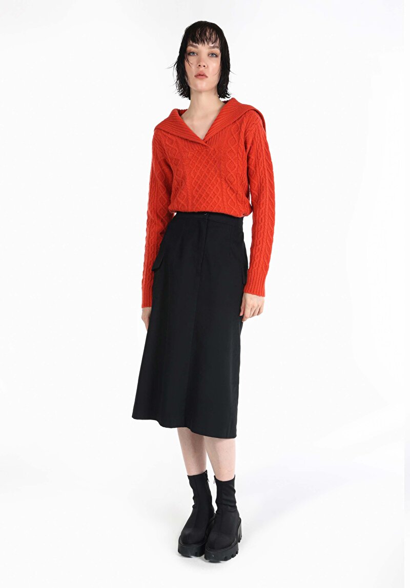 Midi Skirt Düz Düğmeli Kadın Siyah Etek