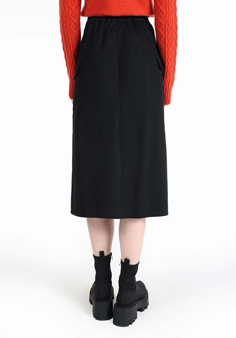 Midi Skirt Düz Düğmeli Kadın Siyah Etek