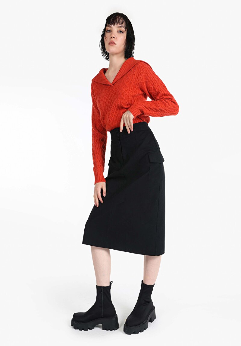 Midi Skirt Düz Düğmeli Kadın Siyah Etek