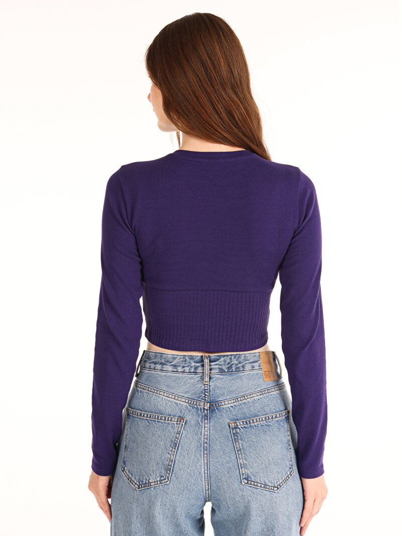Slim Fit Yuvarlak Yaka Düz Kadın Mor Uzun Kol Tişört