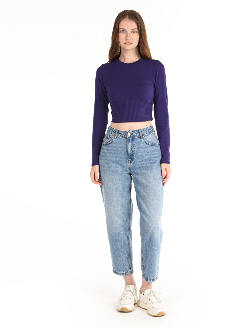 Slim Fit Yuvarlak Yaka Düz Kadın Mor Uzun Kol Tişört