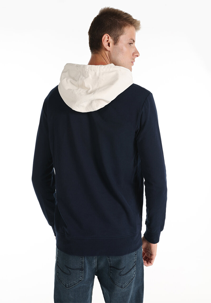 Regular Fit Kapüşonlu Düz Erkek Lacivert Uzun Kol Tişört