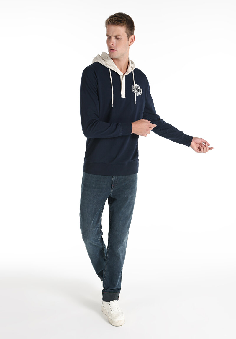 Regular Fit Kapüşonlu Düz Erkek Lacivert Uzun Kol Tişört