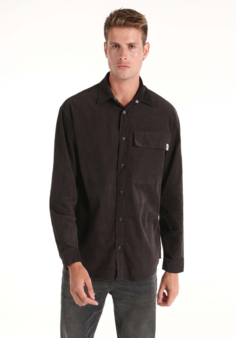 Comfort Fit Shirt Neck Düz Erkek Antrasit Uzun Kol Gömlek