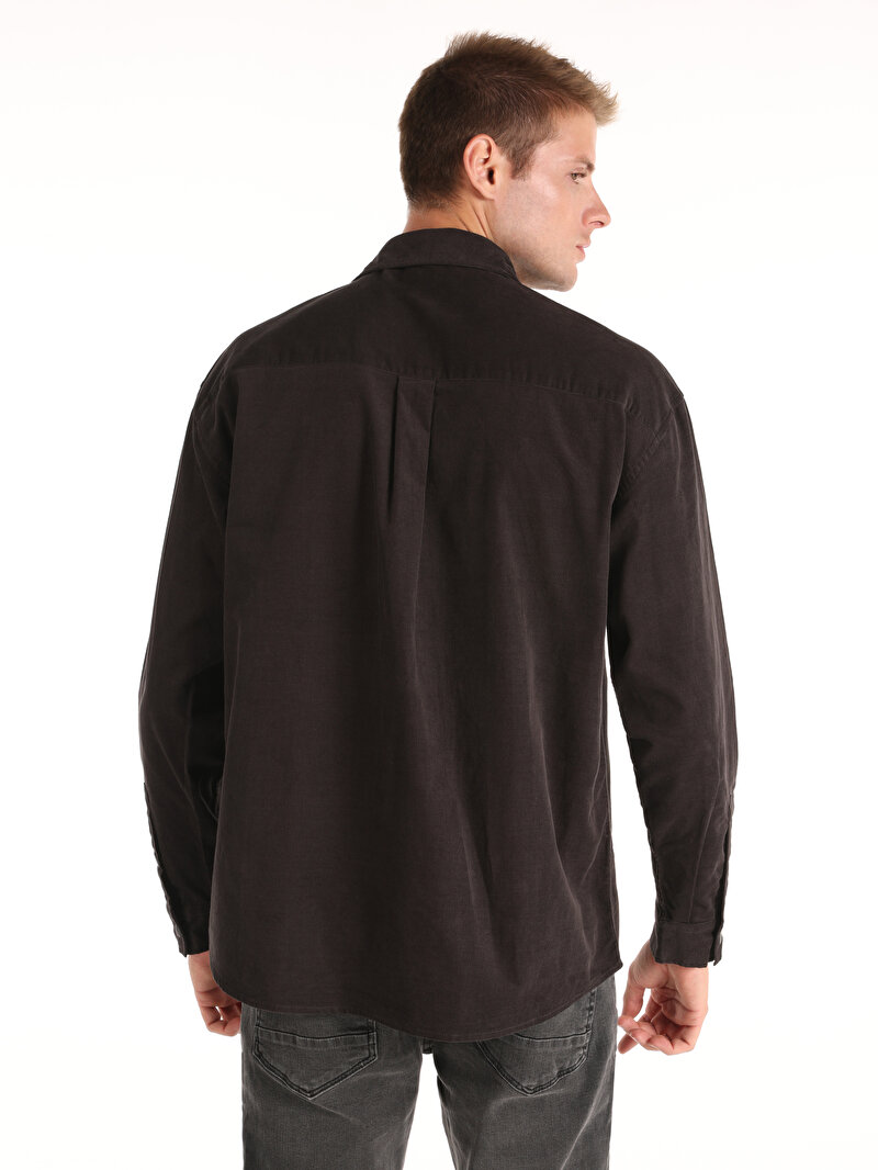 Comfort Fit Shirt Neck Düz Erkek Antrasit Uzun Kol Gömlek
